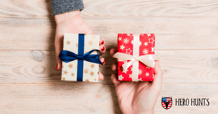 Blog header image for Department of Veterans Affairs holiday fundraiser article, featuring hands exchanging holiday gifts