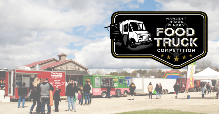 Image showing food trucks assembled at Harvest Ridge Winery at a past Food Truck competition along with the logo for Food Truck Competition 2026