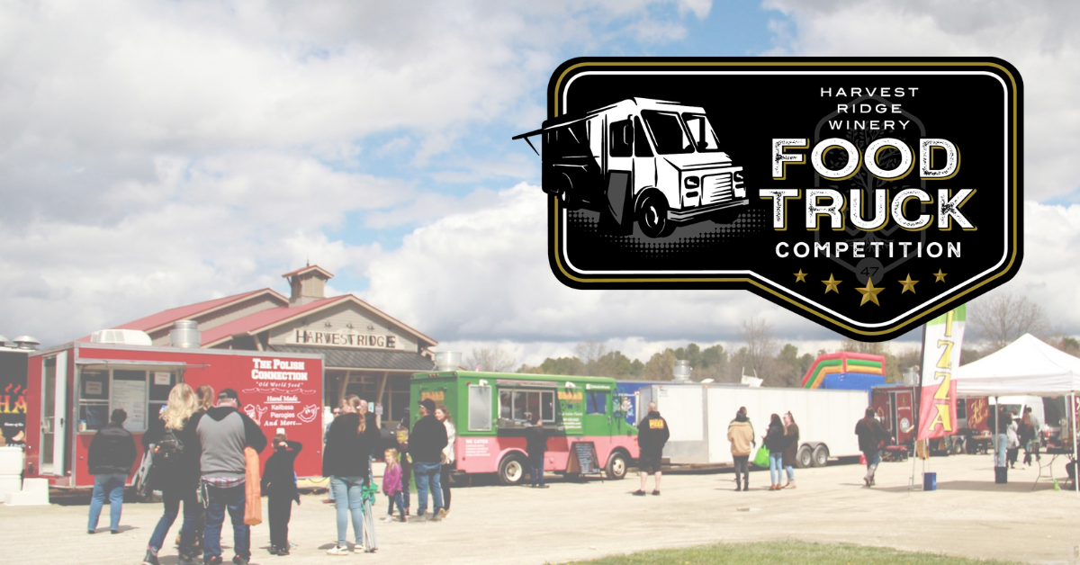 Image showing food trucks assembled at Harvest Ridge Winery at a past Food Truck competition along with the logo for Food Truck Competition 2026