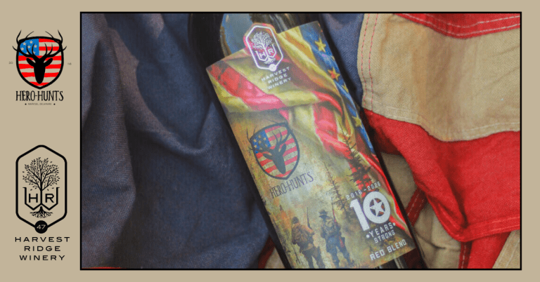 Blog header image showing the 10 Years Strong anniversary wine with Hero-Hunts Foundation and Harvest Ridge Winery logos