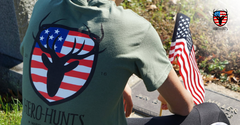 An image of someone wearing a Hero-Hunts Foundation shirt while placing an American flag on a veteran's grave, showing how we impact veterans, service members, and their families